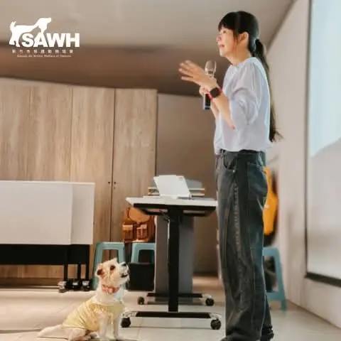 講師上課，旁邊坐著一隻乖狗狗